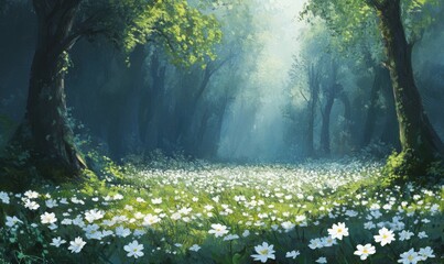 Obraz premium Forest glade full of white spring flowers