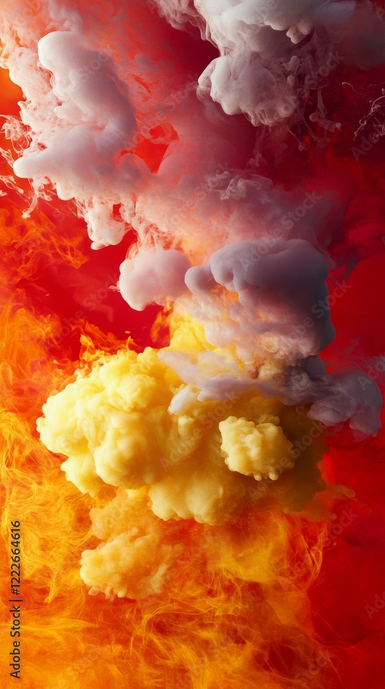 Poster dynamic flame waves exploding outward, vivid reds and yellows engulfing the scene, creating an abstr