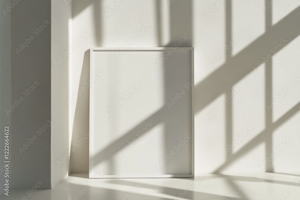 Poster elegant vertical frame resting on a minimalistic white wall with soft shadows and light reflections 
