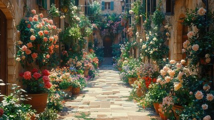 Obraz premium Blooming Roses Line A Charming Stone Alleyway