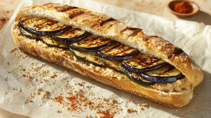 A vegetarian sandwich made with crusty baguette, filled with grilled zucchini