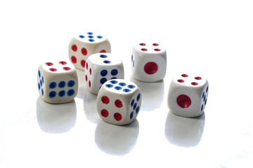 Six white cubes on a white background