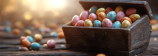 Easter pastel painted eggs in wooden box, Easter or Spring card template