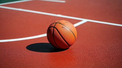 A close-up of a basketball resting on a hardwood court, with a hoop in the distance
