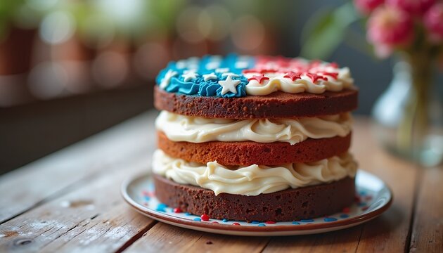 Layered flag cake with stars and stripes motif, red white blue, perfect for Independence Day