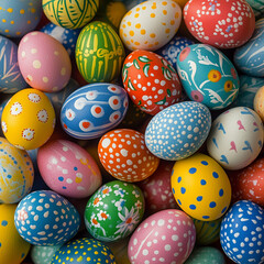 Obraz premium A many of brightly colored Easter eggs, intricately decorated with patterns and designs, representing the rich tradition and artistry associated with celebrating the Easter holiday
