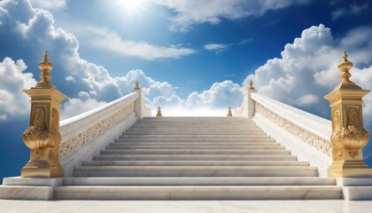 Stairs to heaven, white marble with golden railings and ornate vases on the sides