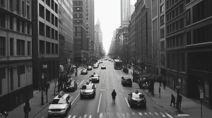 Black and white photo of a city street with cars and pedestrians.