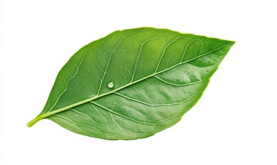 Obraz premium Fresh green leaf with droplet of liquid, symbolizing nature purity