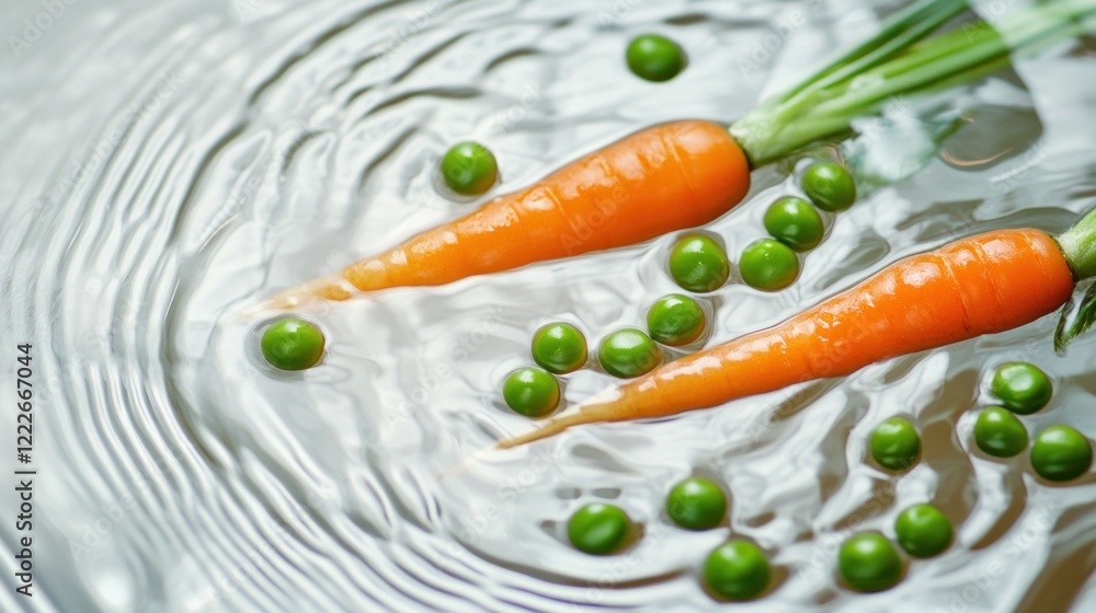 Poster carrots and peas floating in water creating a beautiful ripple effect still life