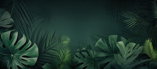 Tropical dark green foliage background with large banana leaves and palm fronds, featuring a lush textured pattern in various shades of green.