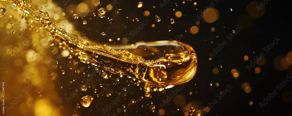 Poster splashing gold liquid in motion with bokeh lights in background