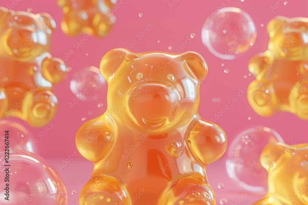 Poster multiple translucent gummy bears float amidst bubbles on a vibrant pink backdrop, creating a playful