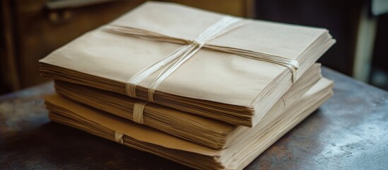 Stacks of neatly bundled brown paper packages tied with twine, resting on a textured wooden surface, illuminated with warm natural light.