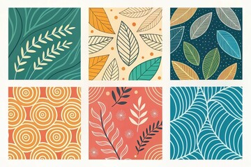 Six Unique Autumnal Designs Featuring Leaves, Spirals, and Abstract Botanical Patterns Ideal for Textile Printing and Surface Decoration