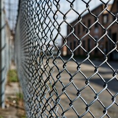 metal mesh fence, wire fence behind which buildings can be seen out of focus