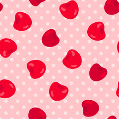 Sweet cherry seamless pattern. Vector cute summer fruit print with red cherries on pink dotted background. Juicy berry colorful texture for wrapping, fabric, summer decoration, textile, fashion.