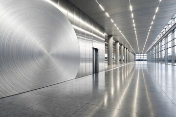 Modern architectural hallway with brushed metal wall art and sleek flooring