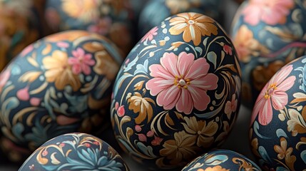 Easter Eggs, Floral Patterns, Holiday Decorations, Festive Background, Close Up, Dark Background