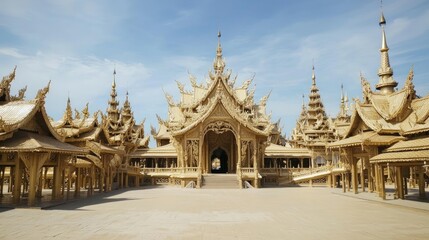 Fototapeta premium Majestic Thai Architecture: Ornate Golden Spires and Intricate Wooden Roofs Against Tropical Sky