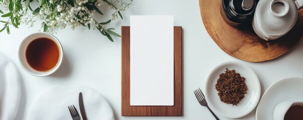 Elegant table setting with blank menu and tea on wooden background