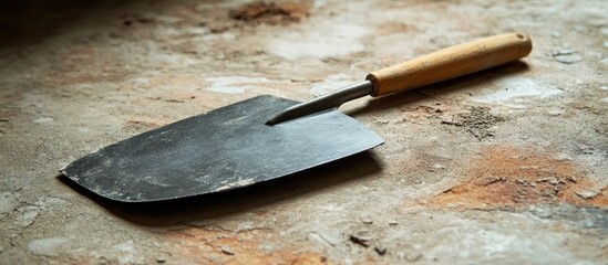 Trowel with wooden handle and steel blade placed at an angle on a textured stone surface for construction and finishing tasks