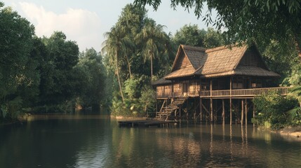 Fototapeta premium Serene Thai Stilt House by the River - Exquisite Architectural Detailing Reflecting Local Traditions