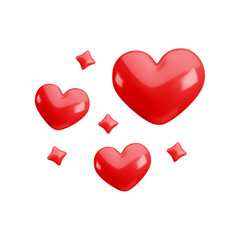 Vector 3d red hearts with sparkles composition on white background. Cute realistic cartoon 3d love concept, shining heart render illustration for Valentines day greeting, Mothers Day, love sticker.
