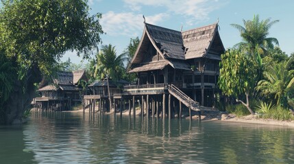 Obraz premium Serene Riverside Retreat: Traditional Thai House on Stilts with Curved Eaves Reflecting Local Building Traditions Cinematic Image
