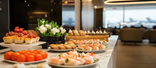 Elegant buffet table displaying assorted gourmet snacks, including sushi, fruits, and pastries, set against a modern lounge backdrop with natural light.