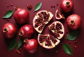 A flat lay of pomegranates, with some cut open to reveal their red seeds and leaves on the side