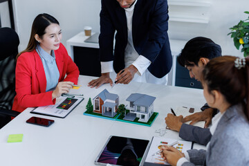 Real estate brokerage agent Deliver a sample of a model house to the customer buy or rent, Mortgage property tax insurance dream moving home and real estate concept	
