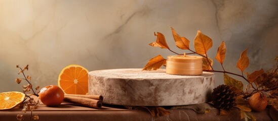 Wood podium with a round light gray base showcasing dry orange slices cinnamon sticks and autumn leaves in warm lighting and soft background colors