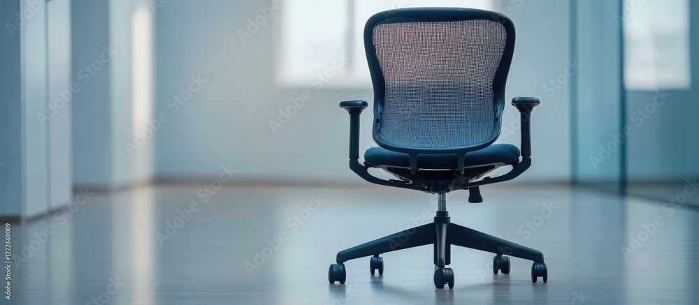 Canvas Prints Modern ergonomic office chair in sleek black design positioned centrally on glossy wooden floor with soft natural light from background windows.