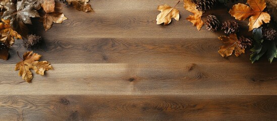 Wooden floor with warm brown tones featuring autumn leaves and pinecones in the top right corner creating a cozy natural aesthetic