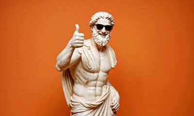 A marble statue of the Greek god smiling and wearing sunglasses, giving two thumbs
