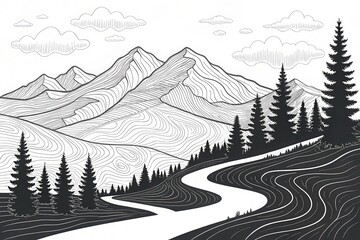 Fototapeta premium Serene Mountain Landscape with Winding River and Coniferous Forest