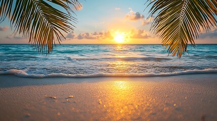 Naklejka premium Stunning Tropical Sunset Beach Scene with Palm Trees