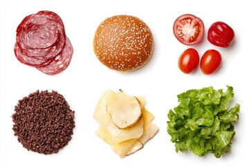 A variety of food items including meats, vegetables, and a bun, suitable for sandwich making.