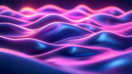 Obraz premium 3D render of minimalistic neon wavy lines glowing with soft pastel tones, set against a sleek dark background