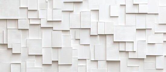 Abstract white textured wall with various rectangular panels arranged in a mosaic pattern creating depth and visual interest throughout the design.