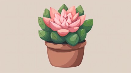 Obraz premium Vibrant Cartoon Succulent Plant in Pot with Blooming Cactus Flowers