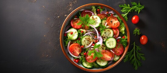 Colorful vegan summer detox salad featuring fresh tomatoes and cucumbers in a brown wooden bowl centered on a dark background with herbs
