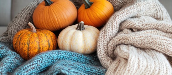 Autumn harvest scene with vibrant orange and white pumpkins nestled in soft beige and blue knit blankets creating a cozy seasonal atmosphere