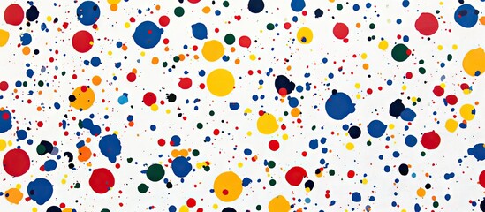 Obraz premium Colorful abstract background with white base featuring scattered multicolor dots in red yellow blue and green arranged randomly creating vibrancy