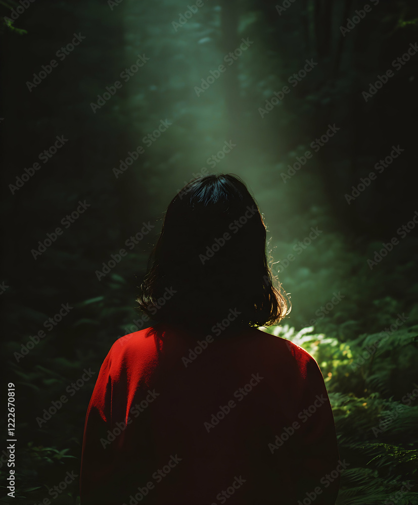 Poster person in a red sweater stands in a dark forest, illuminated by a beam of light from above, creating