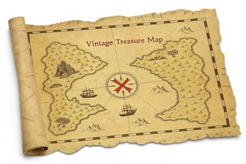 A Rolled-Up Vintage Treasure Map Depicting Islands, Ships, and a Compass Rose for an Exciting Adventure