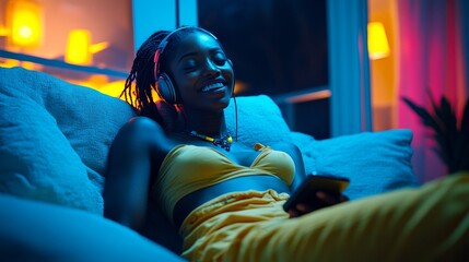 Obraz premium A Person Playing Video Games on a Smartphone in the Living Room at Night, Wearing Headphones and Laughing Happily, Surrounded by Neon Lights in a Cozy Atmosphere.