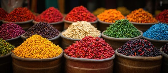 Fototapeta premium Assorted vibrant chili peppers in various colors arranged in rustic pots, showcasing rich textures and vibrant hues for culinary inspiration