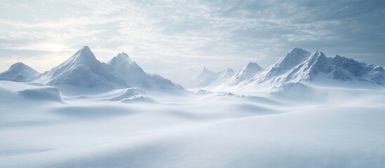 Serene winter landscape with soft snow-covered mountains in the background, pale blue tones, and ample copy space for creative projects.